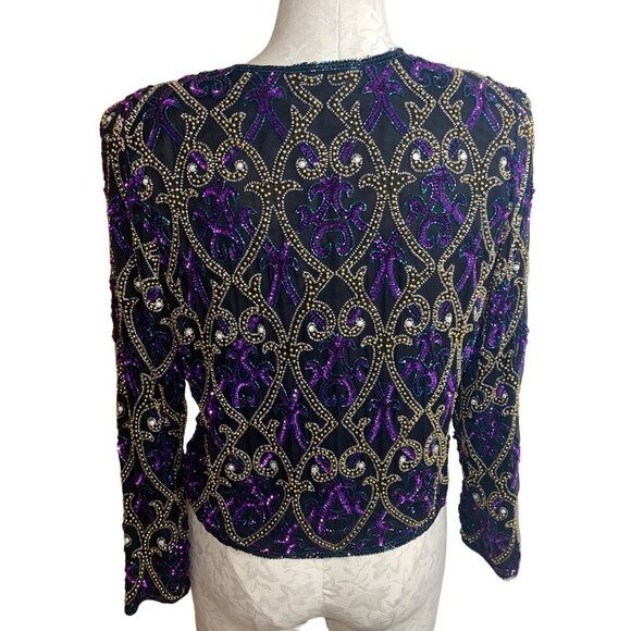 Laurence Kazar Vintage Womens Jacket Size Small Black Sequin Beaded Pure Silk - Picture 7 of 8